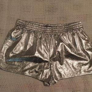 Metallic silver track shorts